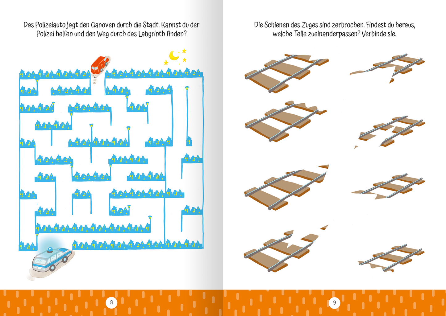 Gezeigt wird eine Innen- oder Zusatzansicht von „Ruckzuck weggewischt! Fahrzeuge“. Auf der linken Seite ist ein interaktives Labyrinth in hellblauen und grünen Farben abgebildet, in dem ein rotes Polizeiauto eine spannende Verfolgungsjagd darstellt. Auf der rechten Seite sind mehrere Holzschienen in einer ordentlichen Anordnung zu sehen, die die Leser dazu einladen, passende Teile zu identifizieren und zu verbinden. Die Typografie ist kindgerecht und gut lesbar, mit klarer Anleitung in...