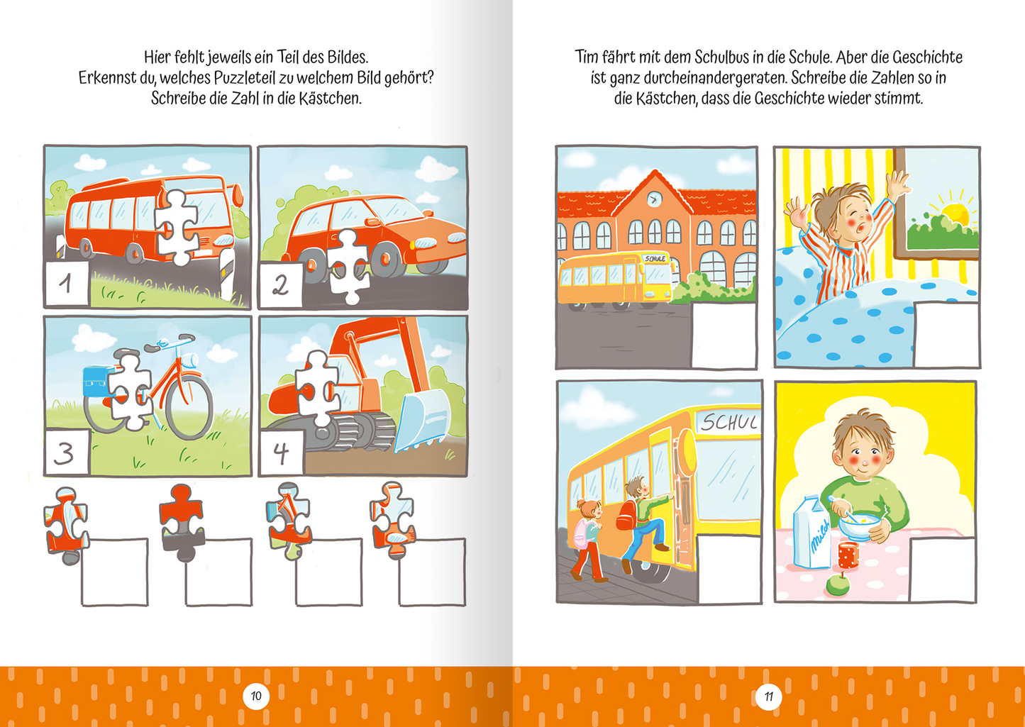 Gezeigt wird eine Innenansicht von „Ruckzuck weggewischt! Fahrzeuge“. Die Doppelseite enthält bunte, kindgerechte Illustrationen von Fahrzeugen wie einem Bus und einem Traktor. In zwei Kästchen fehlen jeweils Puzzlestücke, die ergänzt werden müssen. Die Farben sind lebhaft, überwiegend in Rot, Orange und Blau. Die Typografie ist freundlich und klar, mit einfachen Anweisungen, die die Kinder zur Interaktion anregen.