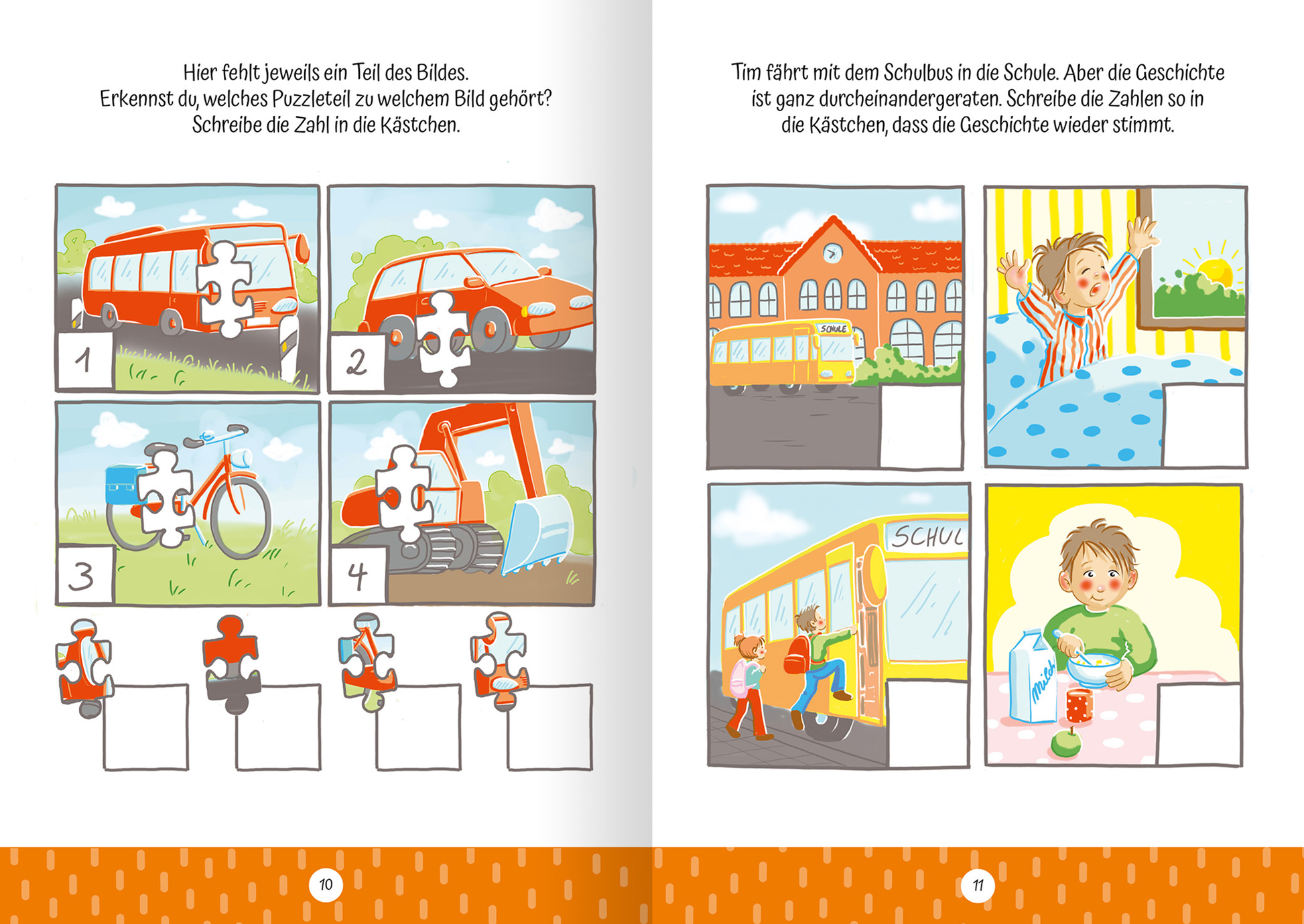 Gezeigt wird eine Innenansicht von „Ruckzuck weggewischt! Fahrzeuge“. Die Doppelseite enthält bunte, kindgerechte Illustrationen von Fahrzeugen wie einem Bus und einem Traktor. In zwei Kästchen fehlen jeweils Puzzlestücke, die ergänzt werden müssen. Die Farben sind lebhaft, überwiegend in Rot, Orange und Blau. Die Typografie ist freundlich und klar, mit einfachen Anweisungen, die die Kinder zur Interaktion anregen.