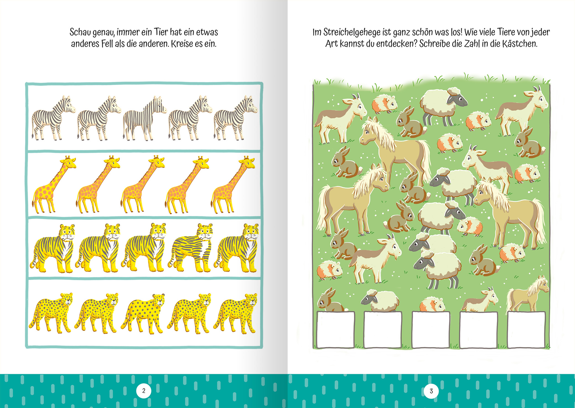 Auf der Innenseite des Buches „Ruckzuck weggewischt! Zoo“ befinden sich zwei Seiten. Die linke Seite zeigt eine Reihe von Tieren in verschiedenen Farben: Zebras, Giraffen und Tiger mit unterschiedlichen Fellmustern. Die rechte Seite ist eine Wiese mit einem bunten Gruppenmix aus Pferden, Schafen und anderen Tieren, umgeben von grünem Gras. Unter den Tieren sind Kästchen, in die Kinder die Anzahl der Tiere jeder Art eintragen können. Der Hintergrund ist mit einem strukturierten Muster in...