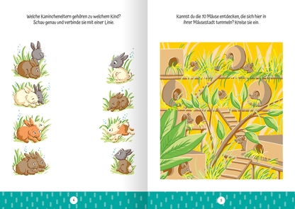 Auf der Innenseite des Buches „Ruckzuck weggewischt! Zoo“ sind zwei Seiten abgebildet. Links befinden sich fünf Gruppen von Kaninchen, die jeweils zu einem jüngeren Kaninchen gehören, angeordnet in sanften Farben. Eine Frage fordert dazu auf, die passenden Paare zu verbinden. Rechts zeigt eine bunte Illustration einer Mäusestadt mit grünen Pflanzen und Rundtunneln. Darunter steht die Aufforderung, zehn versteckte Mäuse zu finden und zu umkreisen. Das gesamte Layout ist freundlich und...