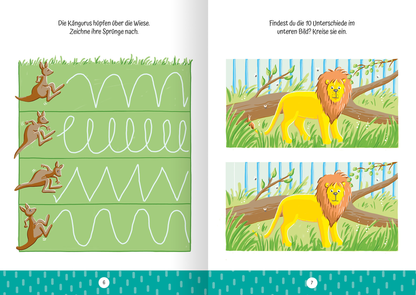 In der Innenseite des Buches „Ruckzuck weggewischt! Zoo“ wird links ein grünes Feld mit hüpfenden Kängurus gezeigt, deren Sprünge durch geschwungene Linien nachgezeichnet werden sollen. Auf der rechten Seite sind zwei Bilder eines Löwen, umgeben von Bäumen und Gras, die dazu anregen, die zehn Unterschiede zwischen ihnen zu finden. Der Hintergrund ist hellblau mit vertikalen Linien, die typografische Gestaltung ist kindgerecht und farbenfroh.