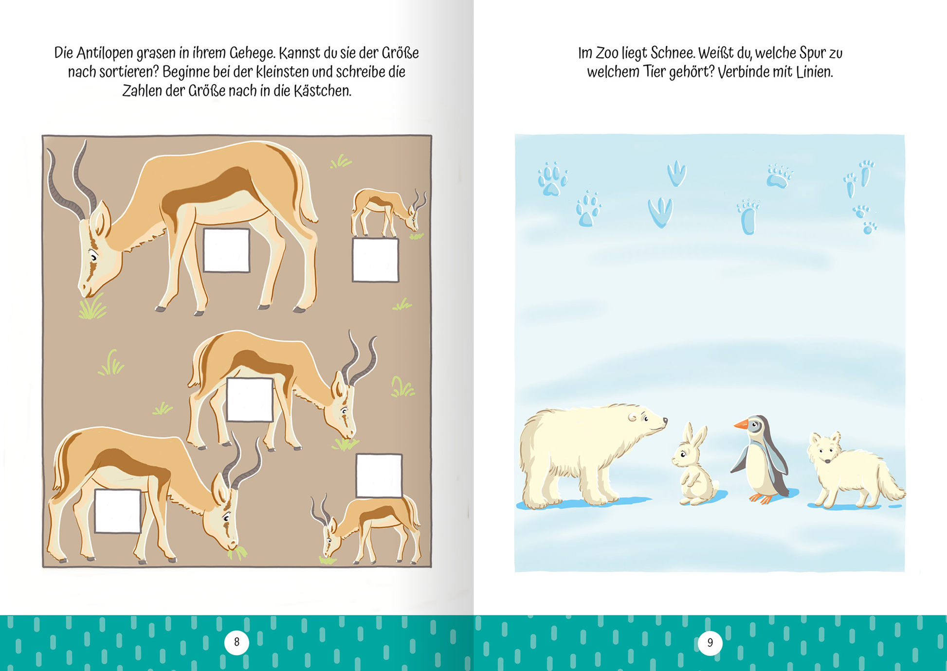 Auf der Innenseite des Buches „Ruckzuck weggewischt! Zoo“ sind zwei farbenfrohe Szenen abgebildet. Links sind Antilopen in verschiedenen Größen dargestellt, umgeben von einer gut sichtbaren Hintergrundfarbe, die die Tiere hervorhebt. Rechts zeigt eine winterliche Szenerie mit Schnee, wo verschiedene Tiere wie ein Eisbär, ein Pinguin und ein Kaninchen abgebildet sind. Darüber sind Fragen und Anweisungen in einfacher, gut lesbarer Schrift platziert, die zur Interaktion anregen.