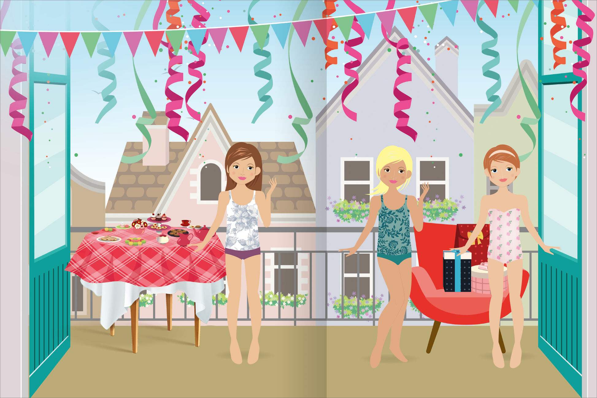 Gezeigt wird eine Innen- oder Zusatzansicht von „Das superdicke Stickerheft – Anziehpuppen“. Im Vordergrund stehen drei Anziehpuppen in Badebekleidung, die fröhlich auf einem Balkon posieren. Ein runder Tisch mit einem rot karrierten Tuch ist mit Snacks dekoriert. Bunte Wimpel und Konfetti schmücken die Szene, während die hellen Farben der Puppen und die warmen Töne des Innenraums eine einladende Atmosphäre schaffen. Im Hintergrund sind stilisierte Häuser mit Blumenfenstern zu sehen.