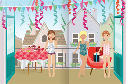 Gezeigt wird eine Innen- oder Zusatzansicht von „Das superdicke Stickerheft – Anziehpuppen“. Im Vordergrund stehen drei Anziehpuppen in Badebekleidung, die fröhlich auf einem Balkon posieren. Ein runder Tisch mit einem rot karrierten Tuch ist mit Snacks dekoriert. Bunte Wimpel und Konfetti schmücken die Szene, während die hellen Farben der Puppen und die warmen Töne des Innenraums eine einladende Atmosphäre schaffen. Im Hintergrund sind stilisierte Häuser mit Blumenfenstern zu sehen.