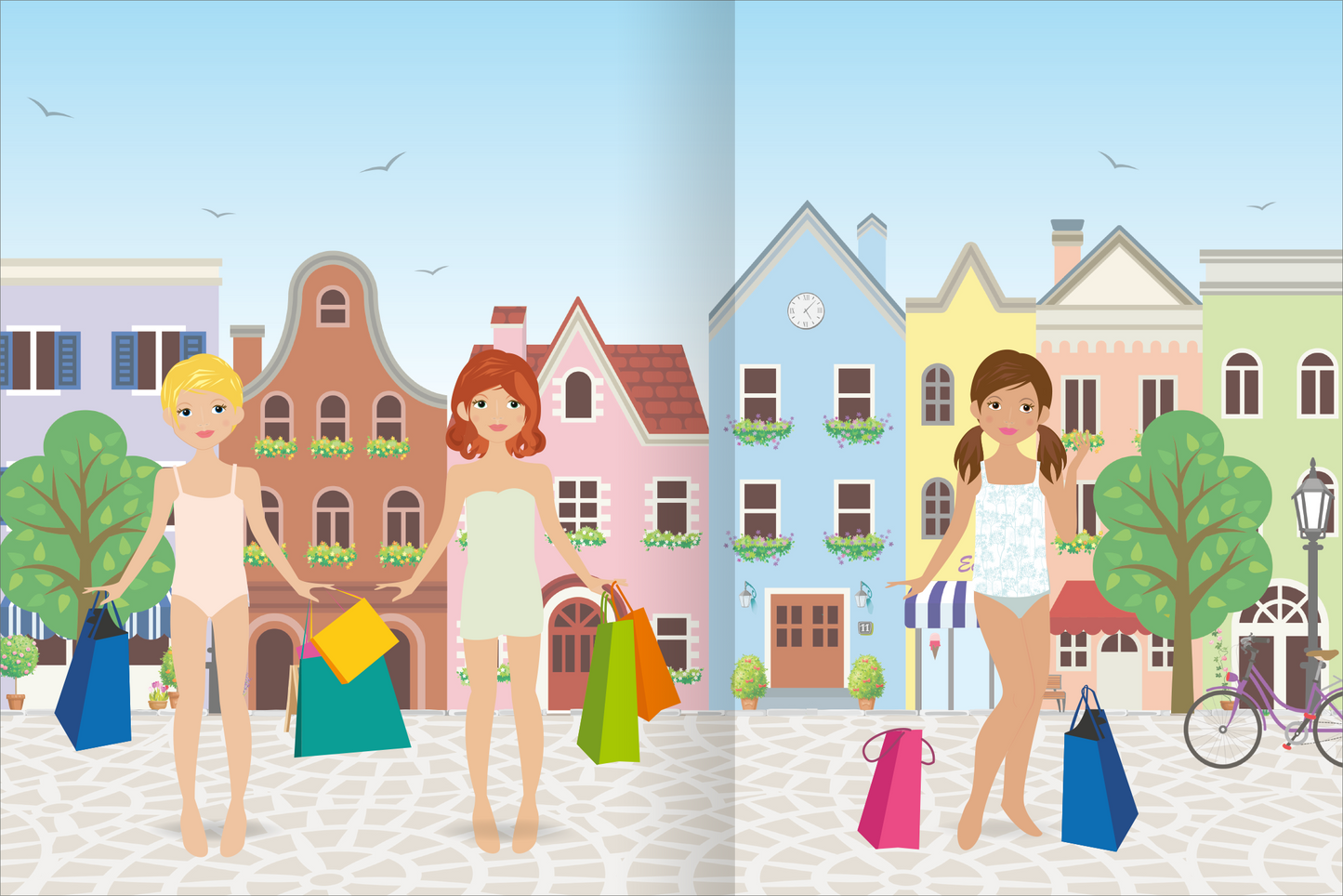 Gezeigt wird eine Innen- oder Zusatzansicht von „Das superdicke Stickerheft – Anziehpuppen“. Die Illustration zeigt drei stilisierte Anziehpuppen in unterschiedlichen Hauttönen, die bunte Einkaufstüten in den Händen halten. Der Hintergrund besteht aus einem hellblauen Himmel und farbenfrohen Gebäuden mit Details wie Fenstern und Blumenkästen. Die Farbpalette ist lebhaft, mit dominierenden Tönen von Gelb, Grün und Pink, die eine fröhliche Atmosphäre schaffen.