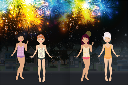 Gezeigt wird eine Innen- oder Zusatzansicht von „Das superdicke Stickerheft – Anziehpuppen“. Die Darstellung zeigt vier fröhliche Anziehpuppen in bunten Badeanzügen, umgeben von einem festlichen Feuerwerk in leuchtenden Farben. Die Hintergrundszene ist in dunklen Tönen gehalten, während die Puppen in hellen Farben kontrastieren. Die Typografie ist verspielt und klar, passend zum kindlichen Thema des Heftes. Die Vielfalt der Puppen unterstreicht Inklusivität und Freude am Verkleiden.