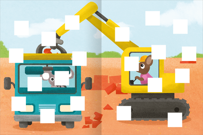 Gezeigt wird eine Innen- oder Zusatzansicht von „Meine Puzzle-Sticker – Baustelle“. Die Illustration zeigt eine farbenfrohe Baustelle mit einem blauen Lastwagen und einem gelben Kran. Auf der linken Seite sitzt eine Maus im Lastwagen, während auf der rechten Seite ein kleines Tier in pinker Kleidung den Kran bedient. Der Hintergrund ist hellblau mit Wolken, und der Boden leuchtet in einem warmen Erdtton. Große, leere weiße Quadrate kennzeichnen Bereiche für Sticker.