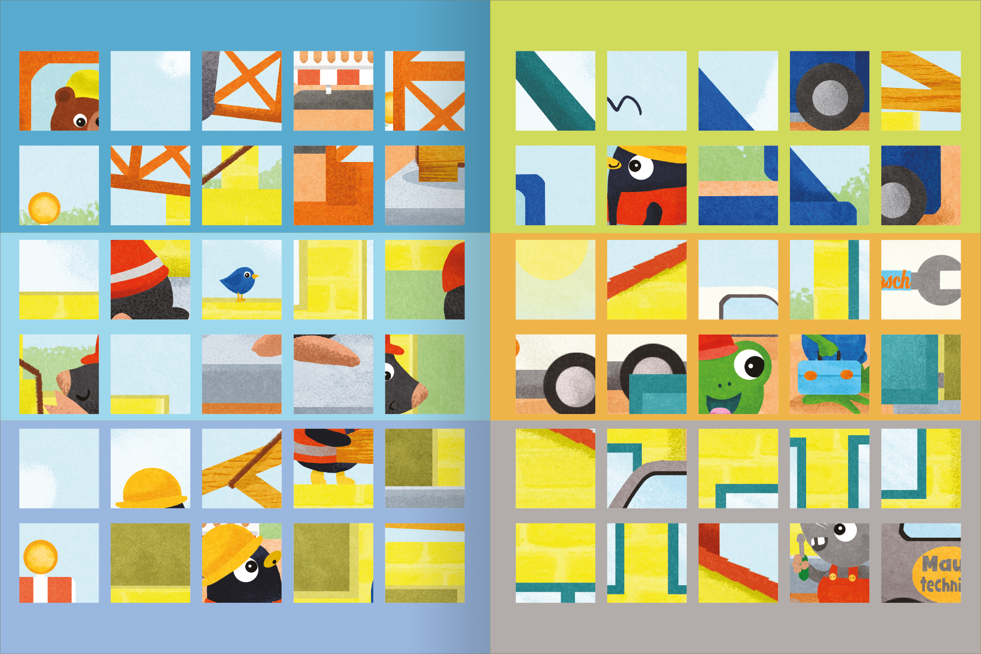 Gezeigt wird eine Innen- oder Zusatzansicht von „Meine Puzzle-Sticker – Baustelle“. Die Abbildung zeigt eine verspielte Collage aus verschiedenen Puzzlestücken in hellen Farben wie Blau, Gelb und Grau. Zentrale Elemente sind Bauarbeiter, Maschinen und Baustellenutensilien, die in kindgerechter, cartoonhaftener Darstellung hervortreten. Die Typografie ist freundlich und ansprechend für Kinder gestaltet, wobei in der unteren Ecke der Schriftzug „Mau Technik“ sichtbar ist.