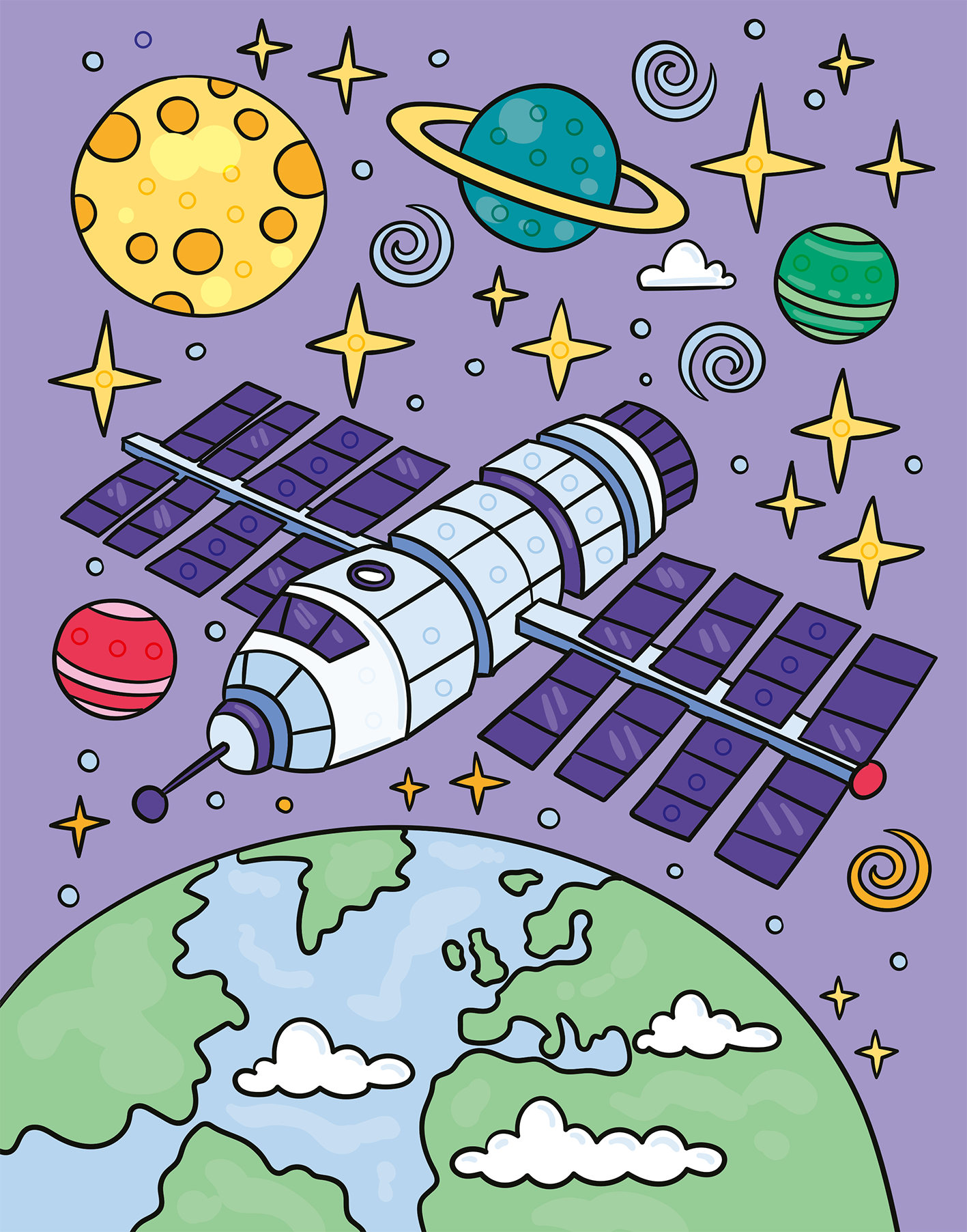 Gezeigt wird eine Innen- oder Zusatzansicht von „Mein Diamant-Stickerheft – Weltall“. Die Illustration zeigt eine Raumstation, die prominent in der Mitte abgebildet ist, umgeben von verschiedenen Planeten in leuchtenden Farben wie Gelb, Grün, Rot und Blau. Der Hintergrund ist in einem sanften Lilaton gehalten, während helle Sterne und spiralförmige Galaxien hinzugefügt sind. Die Typografie ist verspielt und farbenfroh, passend zum insgesamt kindgerechten und fantasievollen Thema des...