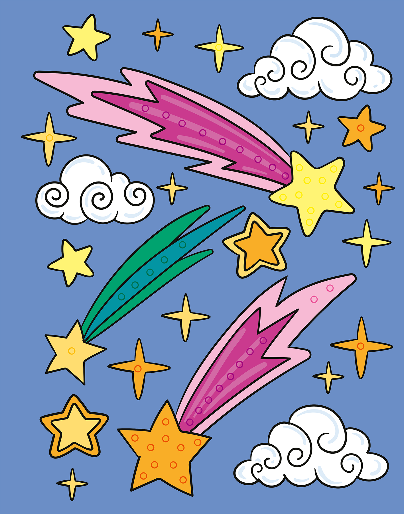 Gezeigt wird eine Innen- oder Zusatzansicht von „Mein Diamant-Stickerheft – Weltall“. Die Illustration zeigt einen himmelblauen Hintergrund mit bunten Sternen, kometenförmigen Objekten in kräftigen Pink- und Grüntönen sowie gelben und orangenen Sternen. Fluffy Wolken in Weiß und verschnörkelte Elemente ergänzen das Design. Die Verwendung lebendiger Farben und verspielter Formen schafft eine einladende und fantasievolle Atmosphäre. Ideal für kreative Stickeraktivitäten.