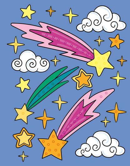 Gezeigt wird eine Innen- oder Zusatzansicht von „Mein Diamant-Stickerheft – Weltall“. Die Illustration zeigt einen himmelblauen Hintergrund mit bunten Sternen, kometenförmigen Objekten in kräftigen Pink- und Grüntönen sowie gelben und orangenen Sternen. Fluffy Wolken in Weiß und verschnörkelte Elemente ergänzen das Design. Die Verwendung lebendiger Farben und verspielter Formen schafft eine einladende und fantasievolle Atmosphäre. Ideal für kreative Stickeraktivitäten.