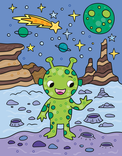 Gezeigt wird eine Innen- oder Zusatzansicht von „Mein Diamant-Stickerheft – Weltall“. Die Illustration zeigt einen fröhlichen, grünen Außerirdischen mit großen, runden Augen und Punkten, der in einer farbenfrohen, fantastischen Landschaft steht. Um ihn herum sind verschiedene Planeten, Sterne und ein Komet vor einem blauen Nachthimmel abgebildet. Die typischen Farben sind kräftig und lebendig, während die Typografie in einem verspielten, kindgerechten Stil gestaltet ist.