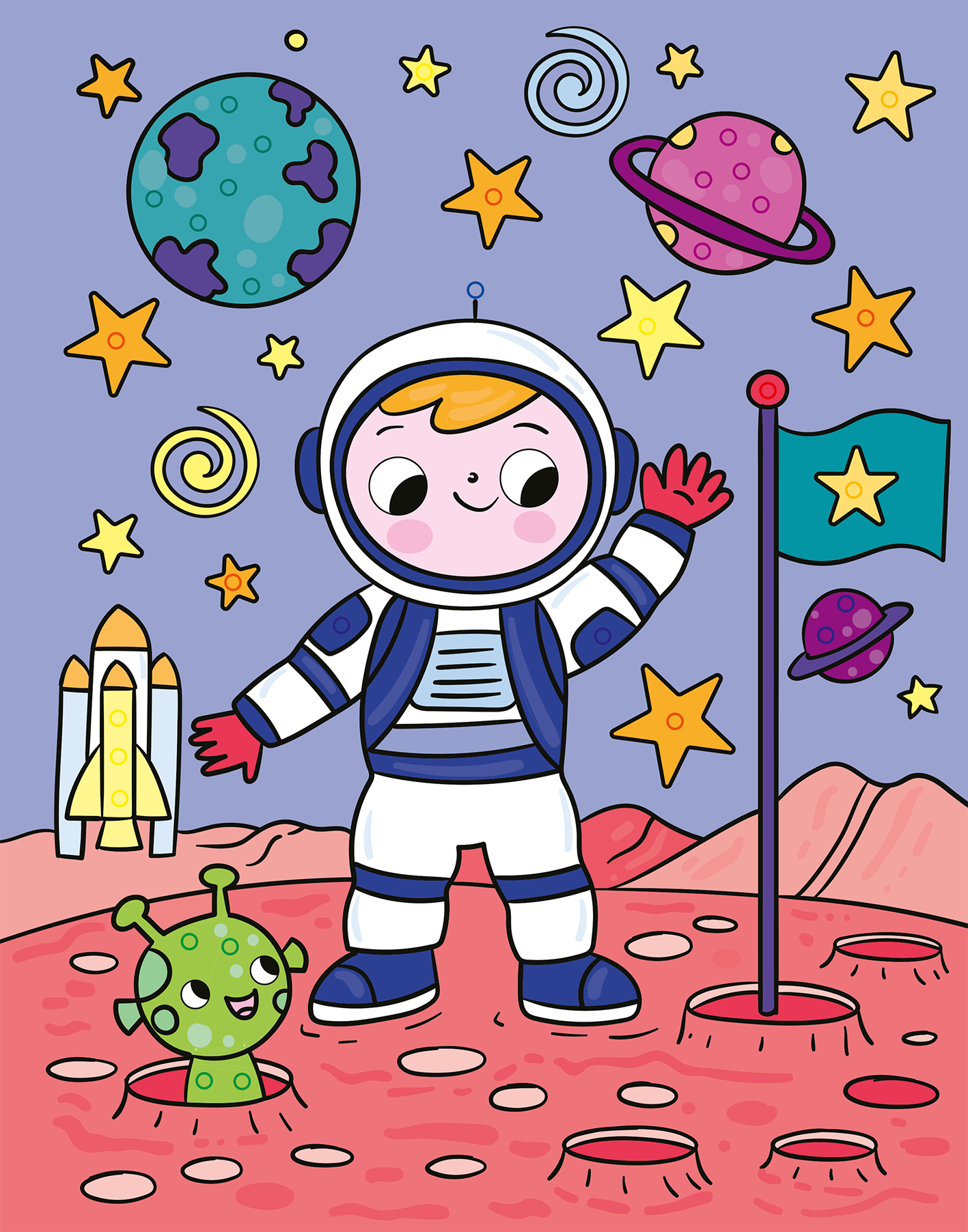 Gezeigt wird eine Innen- oder Zusatzansicht von „Mein Diamant-Stickerheft – Weltall“. Die Illustration zeigt einen freundlichen Astronauten in einem blauen und weißen Raumanzug, der auf einer roten Planetenoberfläche steht. Um ihn herum schwirren bunte Planeten und leuchtende Sterne in verschiedenen Formen. Ein grünes, lächelndes Alien und eine Flagge mit einem Stern sind ebenfalls abgebildet. Die Hintergrundfarbe ist nun leicht lila, was die fantastischen Elemente hervorhebt.