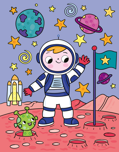 Gezeigt wird eine Innen- oder Zusatzansicht von „Mein Diamant-Stickerheft – Weltall“. Die Illustration zeigt einen freundlichen Astronauten in einem blauen und weißen Raumanzug, der auf einer roten Planetenoberfläche steht. Um ihn herum schwirren bunte Planeten und leuchtende Sterne in verschiedenen Formen. Ein grünes, lächelndes Alien und eine Flagge mit einem Stern sind ebenfalls abgebildet. Die Hintergrundfarbe ist nun leicht lila, was die fantastischen Elemente hervorhebt.