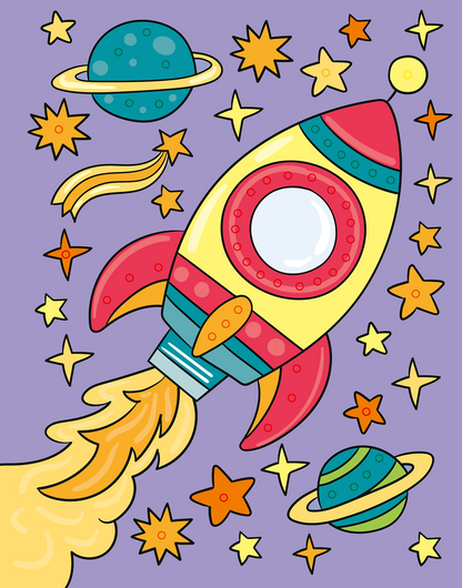 Gezeigt wird eine Innen- oder Zusatzansicht von „Mein Diamant-Stickerheft – Weltall“. Die Illustration zeigt eine bunte Rakete in leuchtenden Farben wie Rot, Gelb und Blau, umgeben von verschiedenen Planeten und goldenen Sternen auf einem lila Hintergrund. Die Rakete hat kreisförmige Fenster und eine stilisierte Abgasstrahl. Die fröhliche, kindgerechte Typografie unterstreicht das Weltraummotiv, das die Fantasie anregt und zum Experimentieren einlädt.