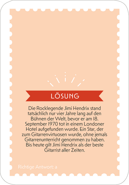 Gezeigt wird eine Innen- oder Zusatzansicht von „Das ultimative Ruhestand-Quiz“. Der Hintergrund ist in sanften Apricot-Tönen gehalten und hat eine gestanzte Briefmarkenform. In der Mitte befindet sich ein rotes Banner mit dem Wort „LÖSUNG“ in großer, klarer Schrift. Der Text darunter informiert über Jimi Hendrix und ist in einer gut lesbaren, neutralen Typografie geschrieben. Der gesamte Eindruck vermittelt eine einladende und informative Atmosphäre.