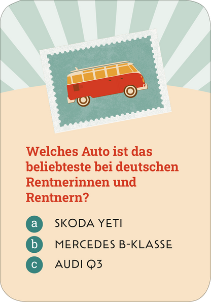 Gezeigt wird eine Innen- oder Zusatzansicht von „Das ultimative Ruhestand-Quiz“. Die Darstellung zeigt eine farbenfrohe Quizkarte mit einem hellblauen Hintergrund und strahlenförmigen Elementen. In der Mitte befindet sich ein nostalgisches Bild eines roten VW-Busses auf einer Briefmarke. Der Text „Welches Auto ist das beliebteste bei deutschen Rentnerinnen und Rentnern?“ ist prominent in einer modernen, gut lesbaren Schriftart gehalten. Unten sind die Antwortmöglichkeiten „a) SKODA...