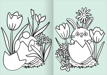 Gezeigt wird eine Innen- oder Zusatzansicht von „Stickerspaß Frühling WWS“. Auf der doppelten Seite sind Frühlingsmotive abgebildet, darunter ein niedliches Osterhäschen und ein Ei, umgeben von bunten Blumen und grünen Pflanzen. Die Illustrationen sind in klaren, schwarz-weißen Umrissen gehalten, die zum Ausmalen einladen. Der Hintergrund ist in einem sanften Hellblau gehalten, was die fröhliche Frühlingsstimmung unterstreicht. Die Schrift ist freundlich und kindgerecht gestaltet.