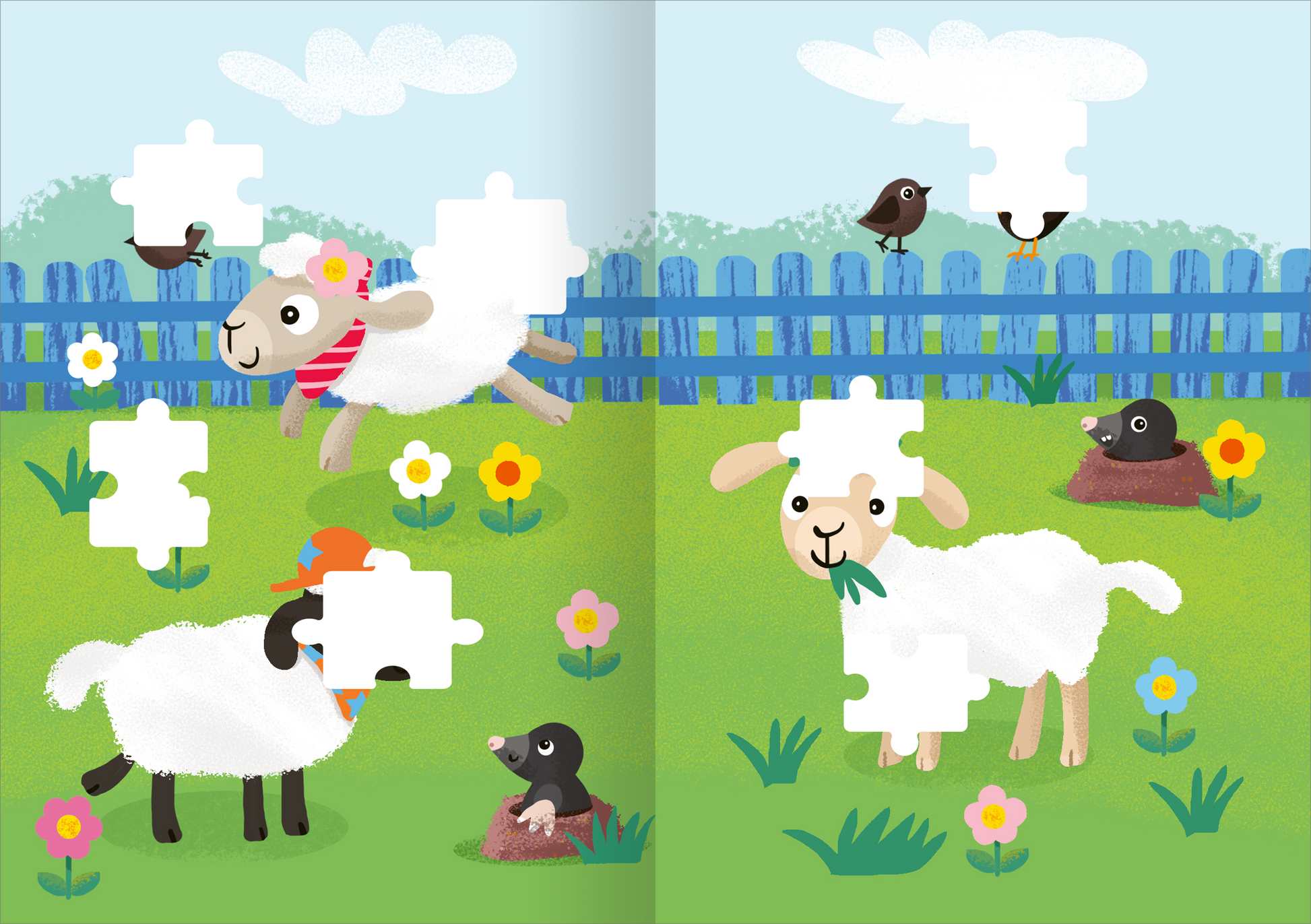 Gezeigt wird eine Innen- oder Zusatzansicht von „Stickerspaß Frühling WWS“. Die Illustration zeigt eine bunte Frühlingslandschaft mit Wiesen, auf denen ein schwarzes und ein weißes Schaf sowie zwei kleine Maulwürfe zu sehen sind. Im Hintergrund sind Vögel auf einem blauen Holzzaun abgebildet. Die Farben sind lebhaft und fröhlich, dominiert von Grüntönen, strahlendem Blau und bunten Blumen. Die Typografie ist kindgerecht und gut lesbar.