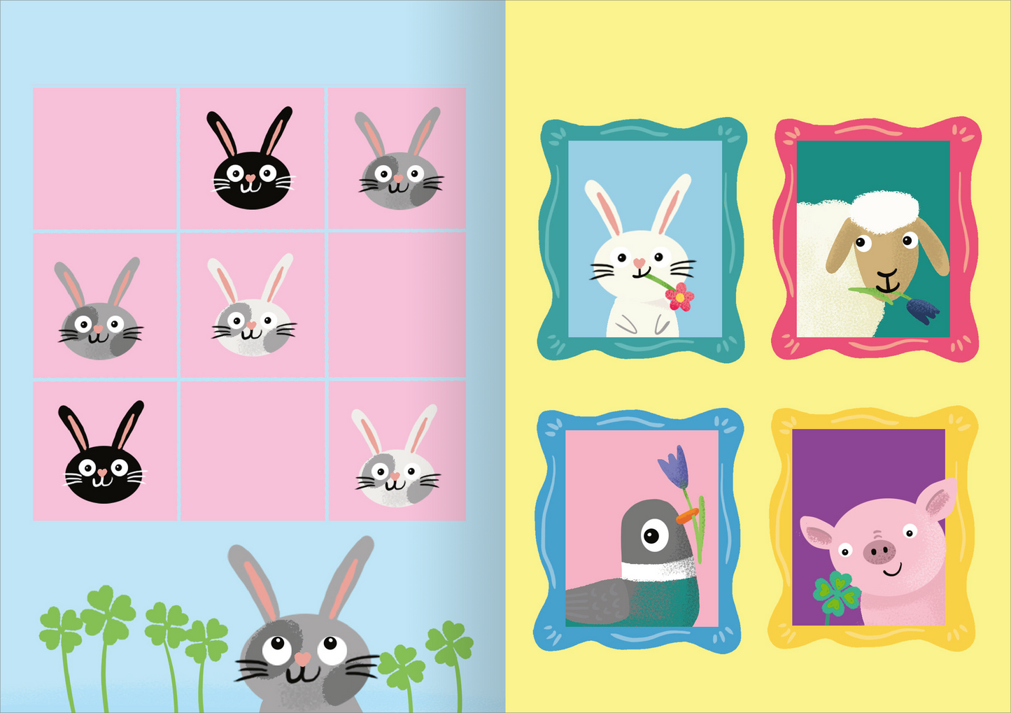 Gezeigt wird eine Innen- oder Zusatzansicht von „Stickerspaß Frühling WWS“. Die Seite zeigt eine verspielte Anordnung mit einem rosa Kästchenraster, das verschiedene niedliche, cartoonartige Hasen und andere Tiere abbildet. Die Farben sind pastellig, mit sanften Tönen von Blau, Rosa, Gelb und Grün. Auf der rechten Seite sind die Tiere in Rahmen eingefügt, die in Blau, Pink und Gelb gestaltet sind, was einen lebhaften und fröhlichen Eindruck vermittelt.