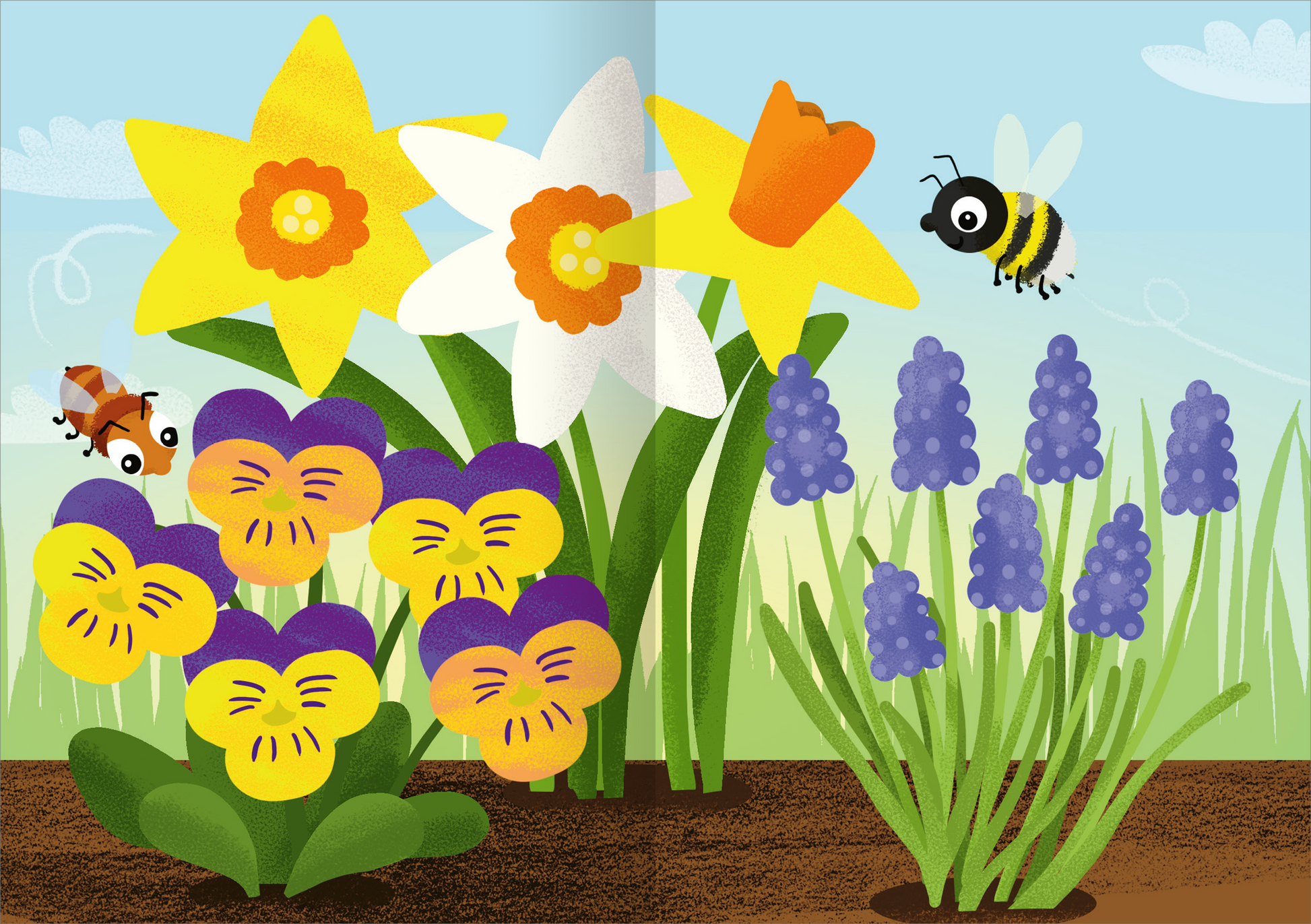 Gezeigt wird eine Innen- oder Zusatzansicht von „Stickerspaß Frühling WWS“. Die Illustration zeigt bunte Frühlingsblumen, darunter gelbe und weiße Narzissen sowie lila Veilchen und blaue Traubenhyazinthen. In der oberen Bildhälfte fliegt eine Biene, während sich ein roter Käfer auf einem Blatt befindet. Der Hintergrund ist himmelblau mit sanften Wolken und einem grünen Boden, der warme, fröhliche Farben und eine spielerische Atmosphäre vermittelt.