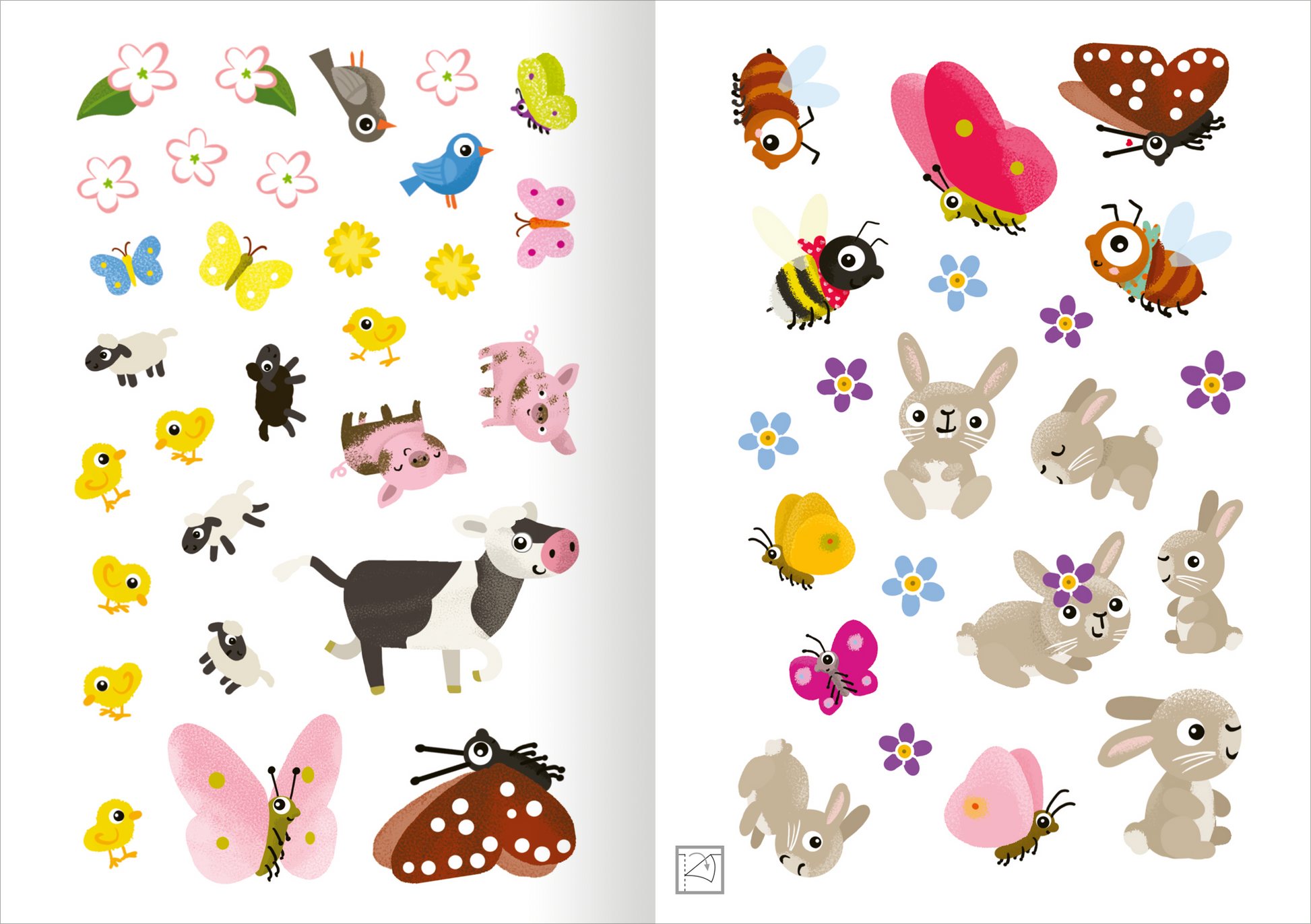 Gezeigt wird eine Innen- oder Zusatzansicht von „Stickerspaß Frühling WWS“. Die Seiten sind mit bunten, fröhlichen Aufklebern gestaltet, die verschiedene Frühlingsmotive darstellen. Zu sehen sind unter anderem bunte Schmetterlinge, kleine Vögel, Blumen und niedliche Tierchen wie Kühe und Hasen. Die Farben sind lebhaft und vielfältig, mit dominierenden Rosa-, Gelb- und Grüntönen. Die Beschriftungen sind in klarer, gut lesbarer Typografie gehalten, die Kinder anspricht und zum...