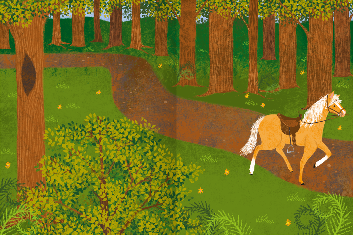 Gezeigt wird eine Innen- oder Zusatzansicht von „Mein Pferde-Stickerheft“. Die Illustration zeigt einen braunen Weg, der durch einen dichten grünen Wald führt. Ein hellbraunes Pferd mit einer weißen Mähne und Sattel trottet gemächlich entlang des Pfades. Üppige grüne Blätter und gelbe Blüten umrahmen die Szene, während die Bäume mit kräftigen rötlich-braunen Stämmen im Hintergrund stehen. Die Farben sind warm und einladend, die Typografie ist verspielt und kindgerecht...