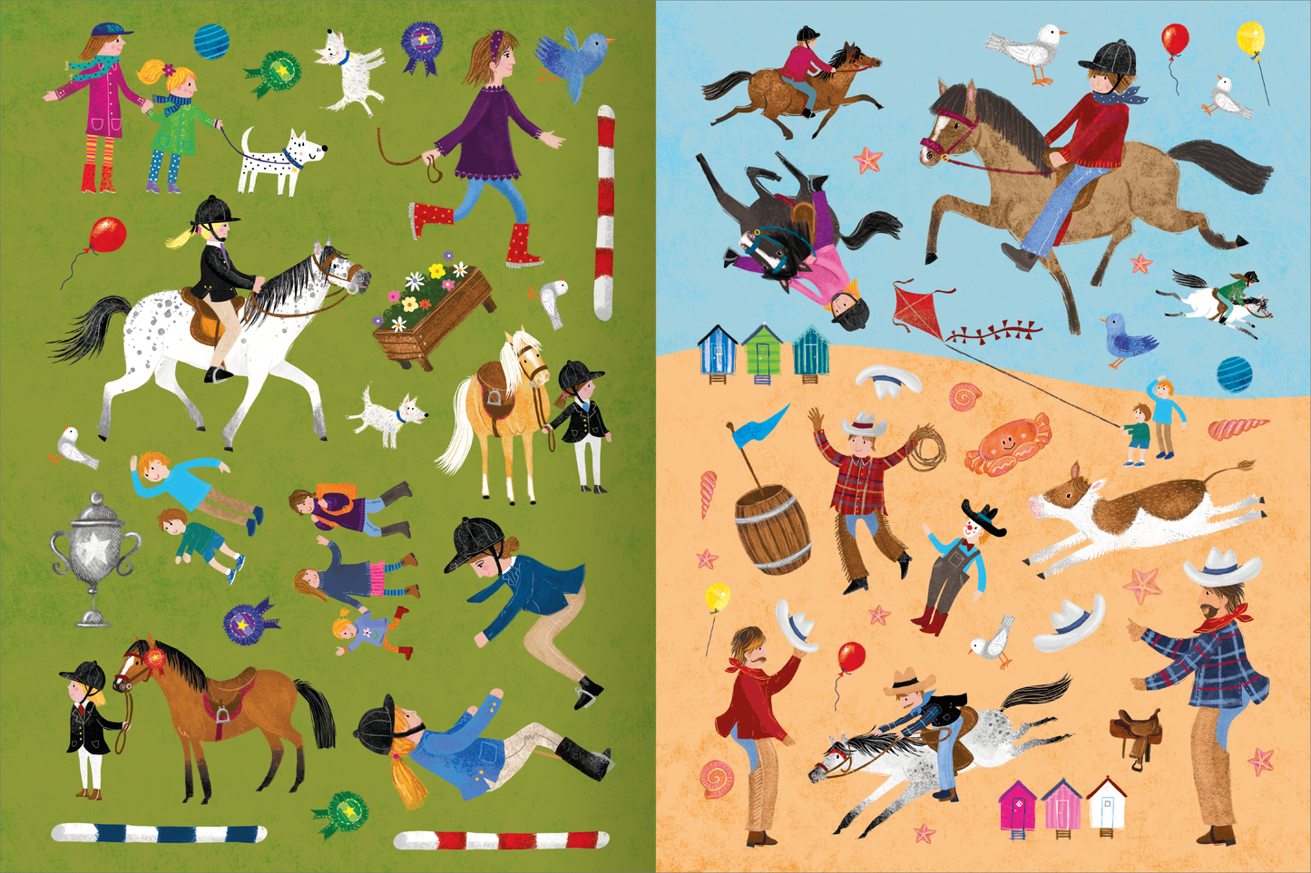 Gezeigt wird eine Innen- oder Zusatzansicht von „Mein Pferde-Stickerheft“. Die bunten Illustrationen zeigen eine Vielzahl von Pferdedarstellungen und Szenen aus dem Reitsport. Auf der linken Seite sind Kinder mit Pferden, Pokalen und Spielzeug dargestellt, während die rechte Seite reitende Personen und Tiere zeigt. Die Farben reichen von lebhaftem Grün und Blau bis hin zu warmen Erdtönen. Die Typografie ist spielerisch und unterstützt das fröhliche Thema des Heftes.