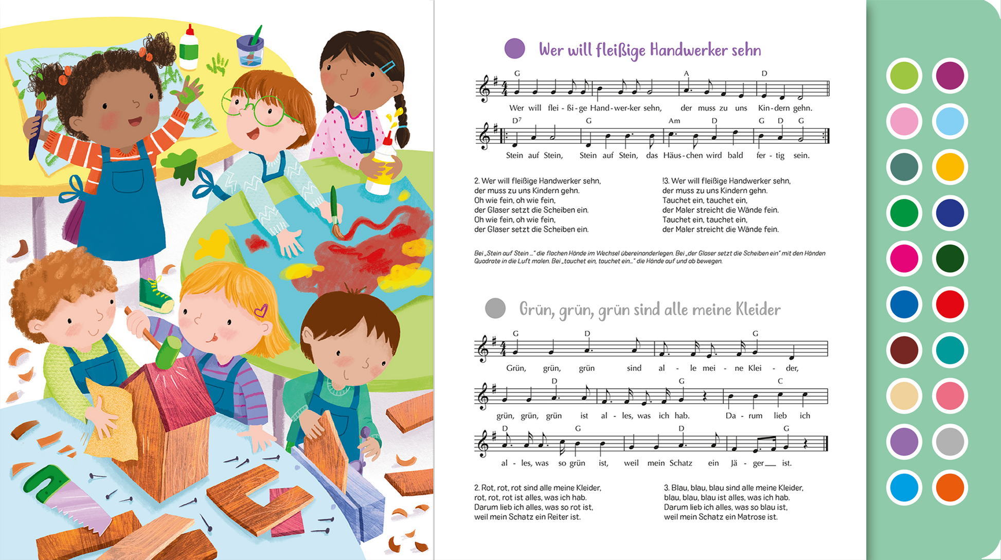 Gezeigt wird eine Innen- oder Zusatzansicht von „Sing mit! Tanzlieder“. Auf der linken Seite sind fünf Kinder zu sehen, die beschäftigt mit Bastelmaterialien arbeiten. Sie sind vielfältig dargestellt, tragen bunte Schürzen und haben unterschiedliche Frisuren. Auf der rechten Seite ist ein Notentext für zwei Lieder abgedruckt, wobei die Notenlinien einfach und klar strukturiert sind. Die Farben sind lebhaft: Blau, Grün, Rot und Lila dominieren, während die Schrift gut lesbar ist. In...