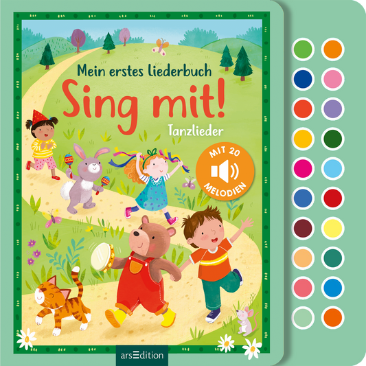 Das Buchcover zeigt eine lebendige, farbenfrohe Illustration von Kindern und Tieren, die fröhlich auf einem Weg tanzen. Oben steht in großen, roten Buchstaben „Mein erstes Liederbuch Sing mit!“. Darunter in kleinerer Schrift: „Tanzlieder“. Links ist ein runder Button mit dem Text „MIT 20 MELODIEN“ in Weiß auf orangem Hintergrund. Der Hintergrund ist grün mit Bäumen und Wiesen, die eine fröhliche Atmosphäre schaffen. Ganz unten mittig steht der Logoschriftzug von arsEdition.