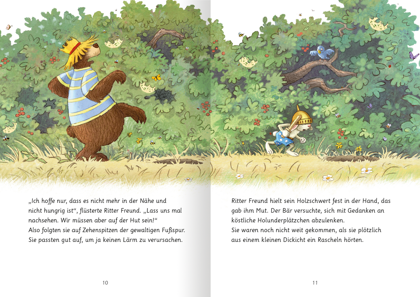 Gezeigt wird eine Innen- oder Zusatzansicht von „Hase und Holunderbär – Bärenstarke Freundschaftsgeschichten“. Die Szene zeigt zwei Charaktere, einen Bären in gestreiftem Oberteil und einen Hasen in einer gelben Mütze, die in einer bunten, von Bäumen und Sträuchern umgebenen Landschaft agieren. Die Illustrationen sind lebhaft mit natürlichen Farben, wobei die Umschlagschrift verspielt und kindgerecht gestaltet ist. Die Bildsymbole signalisieren Abenteuer und Freundschaft,...