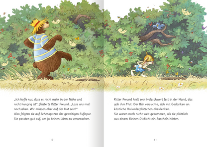 Gezeigt wird eine Innen- oder Zusatzansicht von „Hase und Holunderbär – Bärenstarke Freundschaftsgeschichten“. Die Szene zeigt zwei Charaktere, einen Bären in gestreiftem Oberteil und einen Hasen in einer gelben Mütze, die in einer bunten, von Bäumen und Sträuchern umgebenen Landschaft agieren. Die Illustrationen sind lebhaft mit natürlichen Farben, wobei die Umschlagschrift verspielt und kindgerecht gestaltet ist. Die Bildsymbole signalisieren Abenteuer und Freundschaft,...