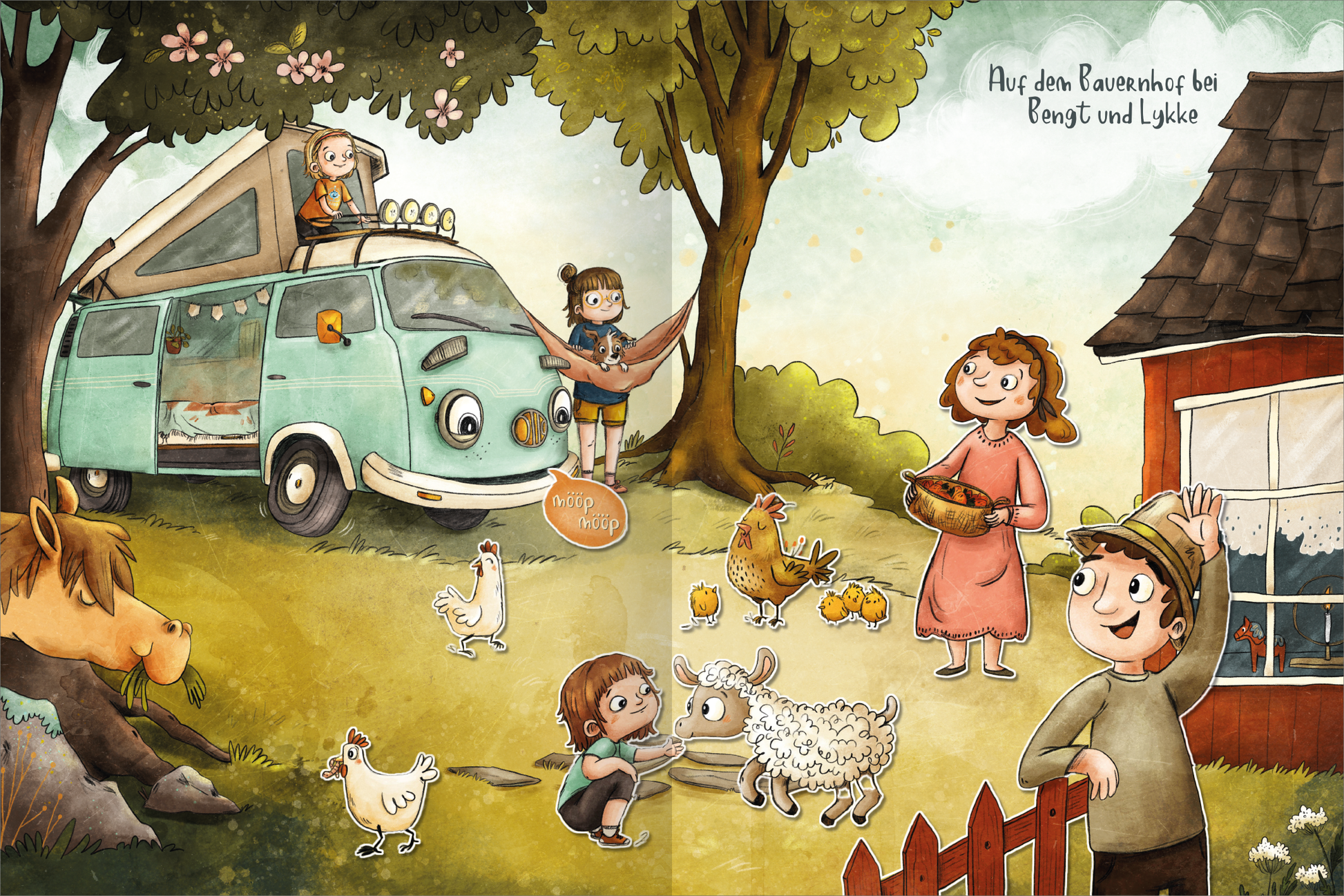 Gezeigt wird eine Innen- oder Zusatzansicht von „OTTO fährt los – Mein OTTO-Stickerbuch“. Die Illustration zeigt eine ländliche Szene mit einem farbenfrohen, türkisfarbenen Wohnmobil. Kinder sind mit Tieren und Pflanzen beschäftigt, umgeben von einem grünen Bauernhof. Rechts steht ein rotes Haus, in dem eine Person mit einem Korb agiert. Die Typografie ist verspielt und kindgerecht, mit handschriftlicher Schrift, die den Titel „Auf den Bauernhof bei Bengt und Lykke“ ziert.