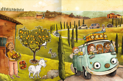 Gezeigt wird eine Innen- oder Zusatzansicht von „OTTO fährt los – Mein OTTO-Stickerbuch“. Die Illustration zeigt eine lebendige Landschaft mit einem blauen VW-Bus, der von fröhlichen Kindern besetzt ist. In der Szene sind ein Obstbaum mit gelben Früchten, Zypressen und ein weißes Zicklein zu sehen. Die Farben sind warm und einladend, mit kräftigem Grün und sanften Erdtönen. Die Typografie ist verspielt und kindgerecht gestaltet, was die freundliche Atmosphäre unterstreicht.