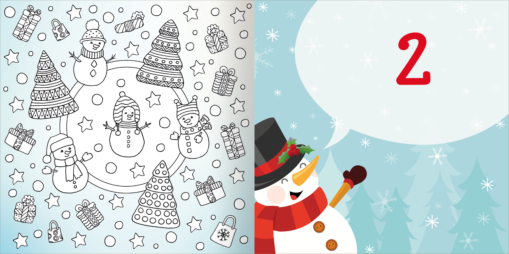 Gezeigt wird eine Innen- oder Zusatzansicht von „Diamant-Adventskalender“. Die linke Seite zeigt eine schwarz-weiß illustrierte Winterlandschaft mit Schneemännern, Tannenbäumen und Geschenken, umrandet von kleinen Sternchen. Rechts ist ein fröhlicher Schneemann in einem roten Schal und Hut abgebildet, der mit einem erhobenen Arm winkt. Die Zahl „2“ ist in großen roten Ziffern inmitten einer hellblauen Sprechblase platziert.