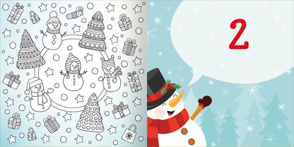 Gezeigt wird eine Innen- oder Zusatzansicht von „Diamant-Adventskalender“. Die linke Seite zeigt eine schwarz-weiß illustrierte Winterlandschaft mit Schneemännern, Tannenbäumen und Geschenken, umrandet von kleinen Sternchen. Rechts ist ein fröhlicher Schneemann in einem roten Schal und Hut abgebildet, der mit einem erhobenen Arm winkt. Die Zahl „2“ ist in großen roten Ziffern inmitten einer hellblauen Sprechblase platziert.