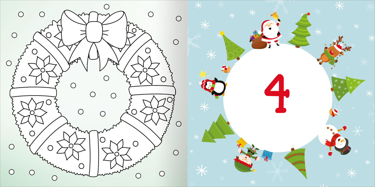 Gezeigt wird eine Innen- oder Zusatzansicht von „Diamant-Adventskalender“. Auf der linken Seite ist ein ausgemaltes Weihnachtskranz-Motiv mit einer großen Schleife und verzierten Blüten sichtbar, umgeben von kleinen Punkten. Die rechte Seite zeigt eine bunte, fröhliche Winterlandschaft mit dem Zahlenfeld „4“ in kräftigem Rot, umgeben von winterlichen Figuren wie einem Schneemann, einem Pinguin und Weihnachtsbäumen in verschiedenen Grüntönen. Der Hintergrund ist hellblau mit...