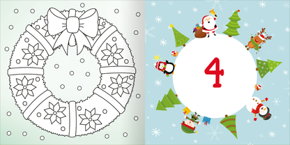 Gezeigt wird eine Innen- oder Zusatzansicht von „Diamant-Adventskalender“. Auf der linken Seite ist ein ausgemaltes Weihnachtskranz-Motiv mit einer großen Schleife und verzierten Blüten sichtbar, umgeben von kleinen Punkten. Die rechte Seite zeigt eine bunte, fröhliche Winterlandschaft mit dem Zahlenfeld „4“ in kräftigem Rot, umgeben von winterlichen Figuren wie einem Schneemann, einem Pinguin und Weihnachtsbäumen in verschiedenen Grüntönen. Der Hintergrund ist hellblau mit...