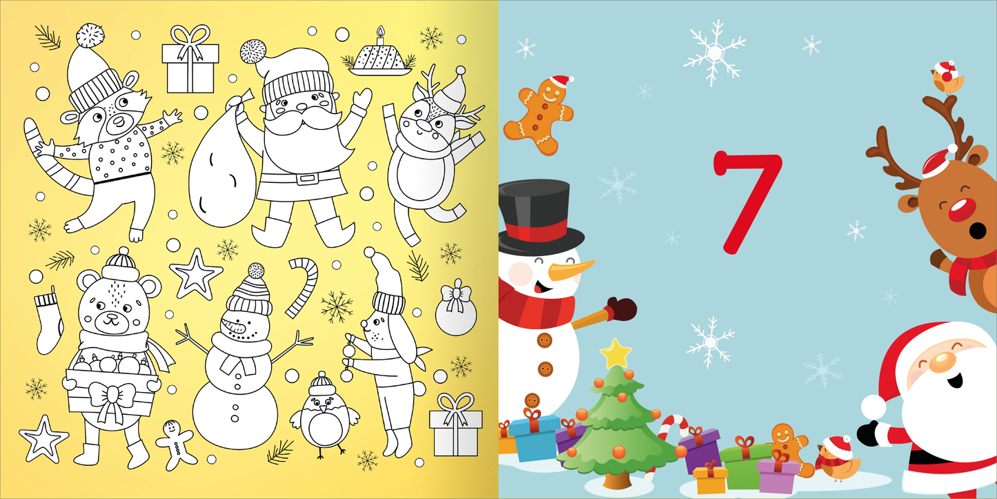 Gezeigt wird eine Innen- oder Zusatzansicht von „Diamant-Adventskalender“. Die linke Seite zeigt eine farbige, skizzierte Winterlandschaft mit fröhlichen Tieren, Geschenken und einem Weihnachtsmann, alles vor einem gelben Hintergrund. Die rechte Seite ist in einem blassen Himmelblau gehalten und zeigt eine große rote Zahl „7“, einen lachenden Schneemann, einen Weihnachtsbaum mit bunten Geschenken sowie einen Weihnachtsmann und ein Rentier. Die fröhlichen Illustrationen präsentieren...
