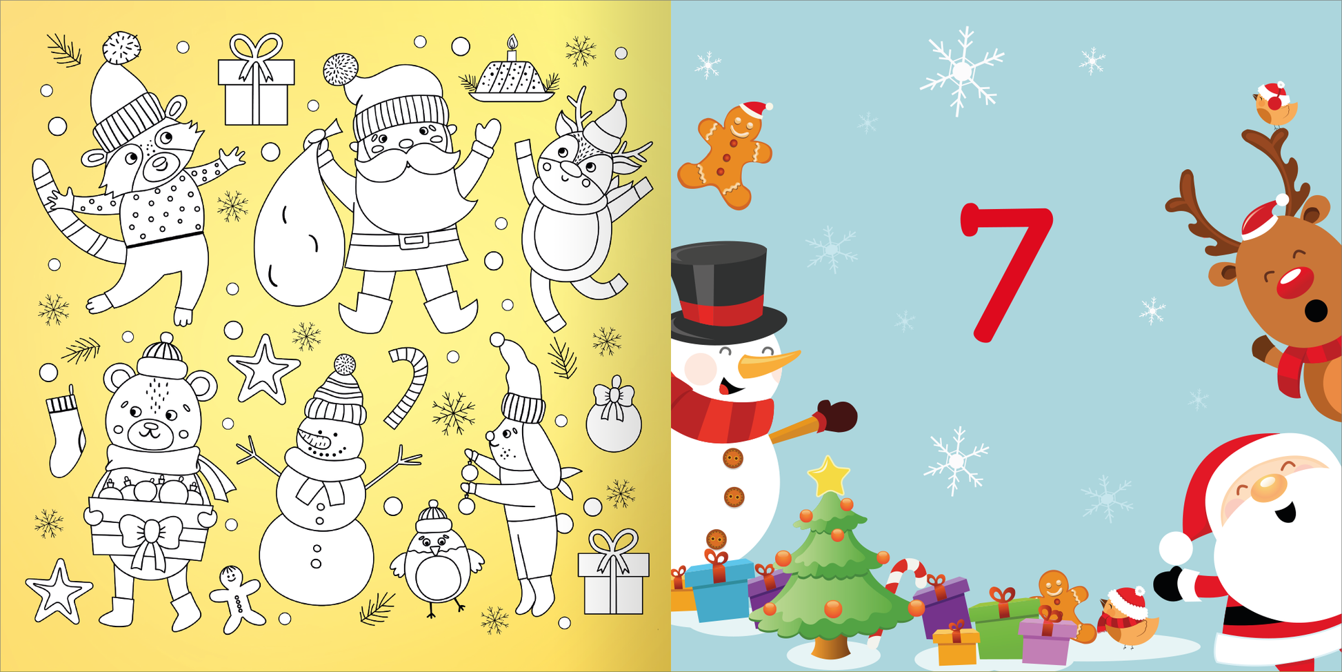 Gezeigt wird eine Innen- oder Zusatzansicht von „Diamant-Adventskalender“. Die linke Seite zeigt eine farbige, skizzierte Winterlandschaft mit fröhlichen Tieren, Geschenken und einem Weihnachtsmann, alles vor einem gelben Hintergrund. Die rechte Seite ist in einem blassen Himmelblau gehalten und zeigt eine große rote Zahl „7“, einen lachenden Schneemann, einen Weihnachtsbaum mit bunten Geschenken sowie einen Weihnachtsmann und ein Rentier. Die fröhlichen Illustrationen präsentieren...