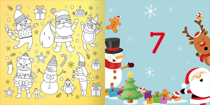 Gezeigt wird eine Innen- oder Zusatzansicht von „Diamant-Adventskalender“. Die linke Seite zeigt eine farbige, skizzierte Winterlandschaft mit fröhlichen Tieren, Geschenken und einem Weihnachtsmann, alles vor einem gelben Hintergrund. Die rechte Seite ist in einem blassen Himmelblau gehalten und zeigt eine große rote Zahl „7“, einen lachenden Schneemann, einen Weihnachtsbaum mit bunten Geschenken sowie einen Weihnachtsmann und ein Rentier. Die fröhlichen Illustrationen präsentieren...