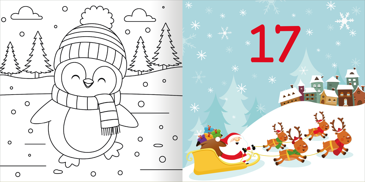 Gezeigt wird eine Innen- oder Zusatzansicht von „Diamant-Adventskalender“. Auf der linken Seite ist ein auszumalendes Bild eines fröhlichen Pinguins mit einer gestrickten Mütze und einem Schal in Schwarz und Weiß dargestellt, umgeben von Schneeflocken und Tannenbäumen. Rechts sieht man eine winterliche Szene mit einem roten Ziffernfeld, auf dem die Zahl 17 abgebildet ist, sowie einem Schlitten mit dem Weihnachtsmann und Rentieren, vor einem schneebedeckten Dorf in sanften Farben.