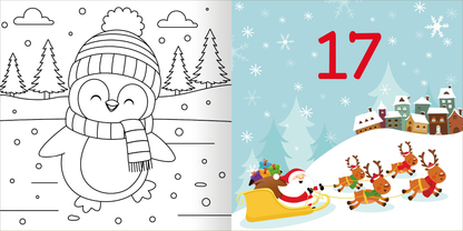 Gezeigt wird eine Innen- oder Zusatzansicht von „Diamant-Adventskalender“. Auf der linken Seite ist ein auszumalendes Bild eines fröhlichen Pinguins mit einer gestrickten Mütze und einem Schal in Schwarz und Weiß dargestellt, umgeben von Schneeflocken und Tannenbäumen. Rechts sieht man eine winterliche Szene mit einem roten Ziffernfeld, auf dem die Zahl 17 abgebildet ist, sowie einem Schlitten mit dem Weihnachtsmann und Rentieren, vor einem schneebedeckten Dorf in sanften Farben.