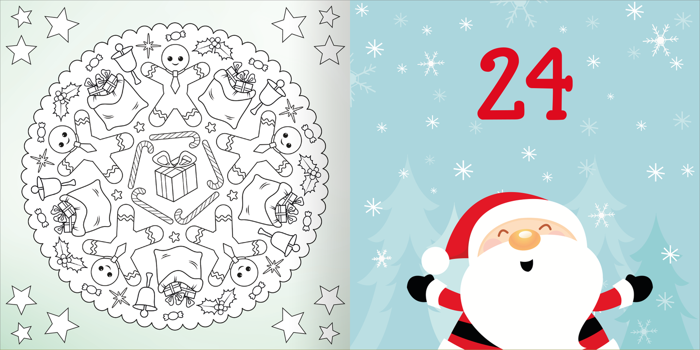 Gezeigt wird eine Innen- oder Zusatzansicht von „Diamant-Adventskalender“. Auf der linken Seite ist eine runde Ausmalzeichnung mit verschiedenen weihnachtlichen Motiven, darunter Geschenke, Schneemänner und Sterne, skizzenhaft in Schwarz-Weiß. Die rechte Seite präsentiert die Zahl 24 in kräftigem Rot auf einem hellblauen Hintergrund mit stilisierten, schneebedeckten Tannenbäumen und weißen Schneeflocken. Ein fröhlicher Weihnachtsmann mit einem roten Hut und gestreiftem Mantel...