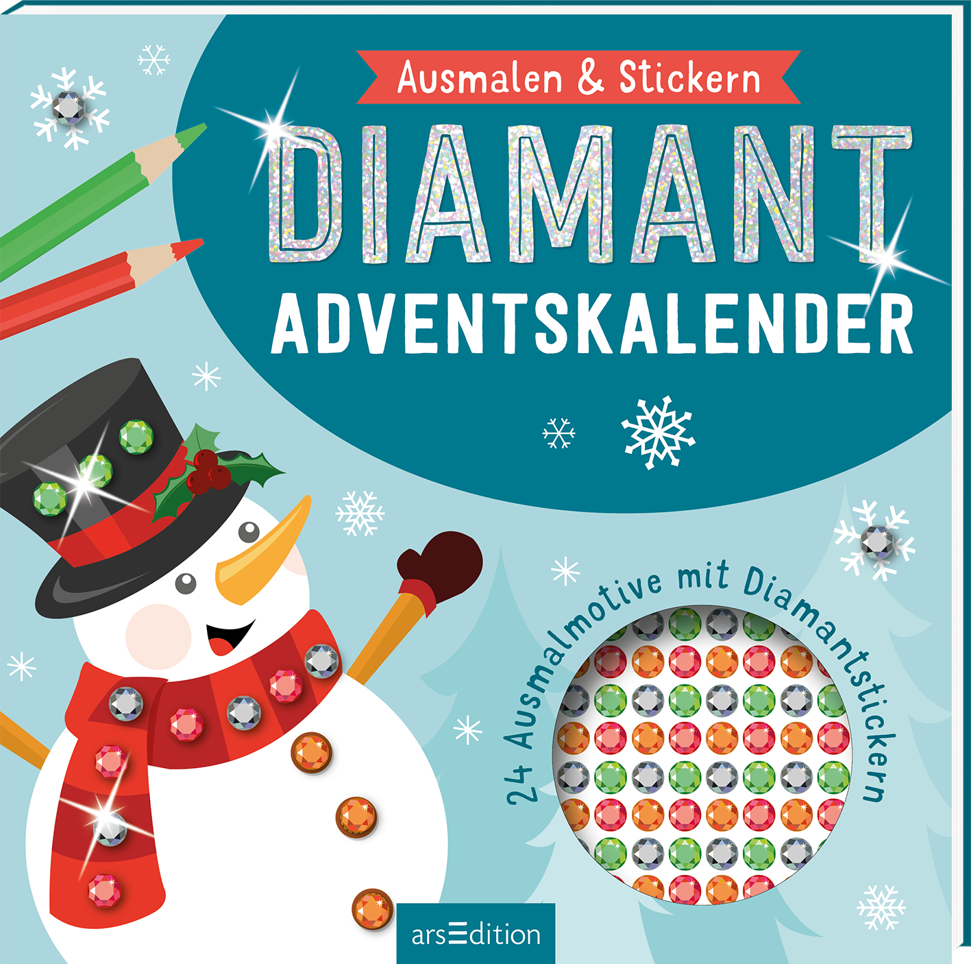 Das Buchcover zeigt einen fröhlichen Schneemann mit einem schwarzen Hut und einer bunten Schal. Um ihn herum sind grüne Buntstifte und schneeflockenartige Verzierungen in hellem Blau. Der Titel „DIAMANT ADVENTSKALENDER“ steht in großen, glitzernden Buchstaben, darüber der Zusatz „Ausmalen &amp; Stickern“ in roter Schrift. Unten rechts befindet sich ein Kreis mit bunten Diamantstickern und der Hinweis „24 Ausmalmotive mit Diamantstickern“. Ganz unten mittig steht der...