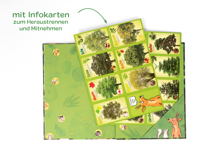 Gezeigt wird eine Innen- oder Zusatzansicht von „Unsere Wälder“. Die Ansicht präsentiert eine grüne Hintergrundgestaltung mit Illustrationen von Bäumen und Tieren. Im Vordergrund befinden sich herausnehmbare Infokarten, die auf hellem Grund verschiedene Baumarten zeigen, stark farblich akzentuiert in Grün- und Erdtönen. Die Schrift ist freundlich und gut lesbar, mit klarer Schriftart und prominentem Einsatz von Icons zur Unterstützung der Informationen.