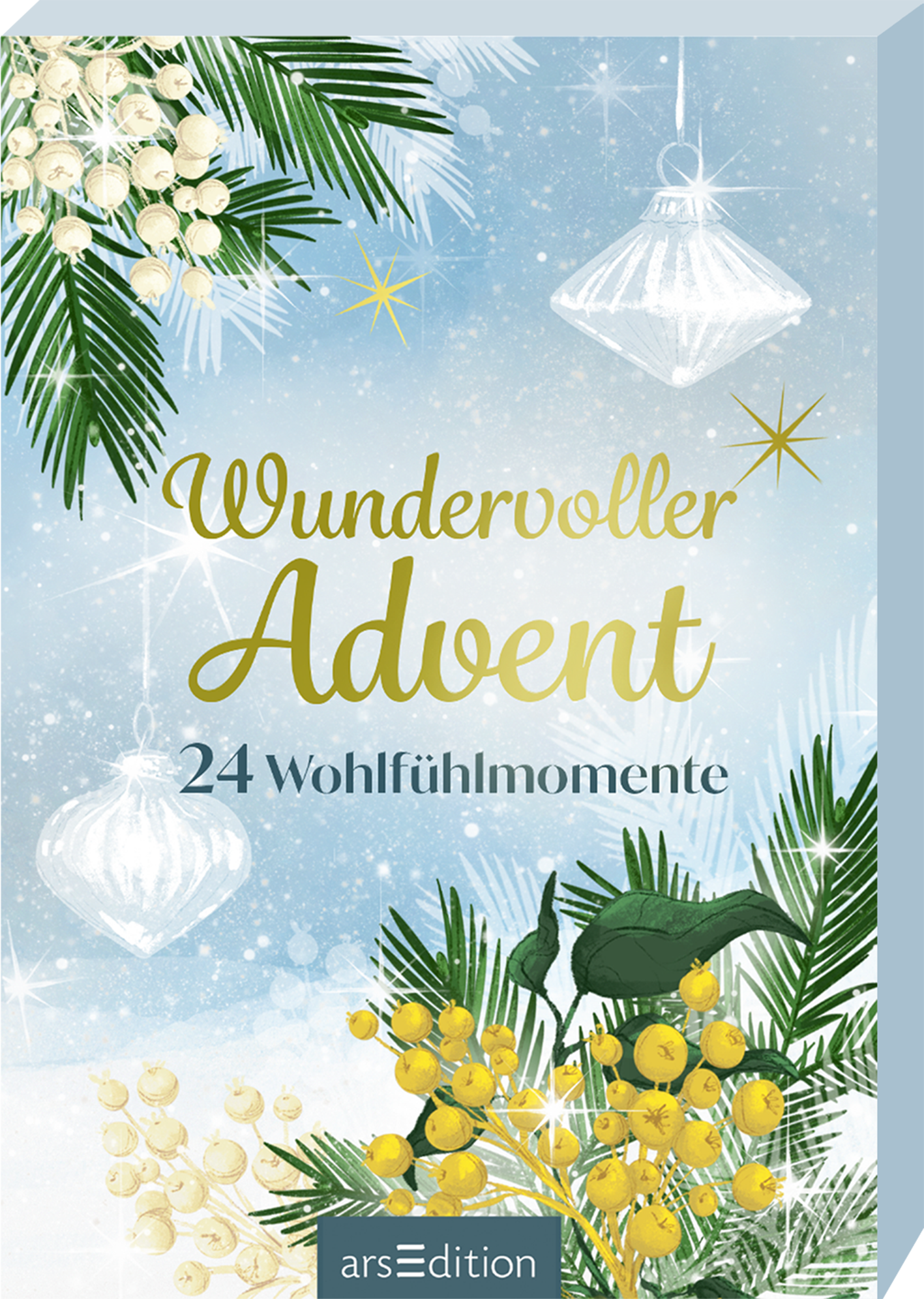 Das Buchcover zeigt eine winterliche, weihnachtliche Szene mit einer hellblauen Hintergrundfarbe, die an einen frostigen Himmel erinnert. Im Zentrum steht der Titel „Wundervoller Advent“ in eleganter, goldener Schrift, darunter die Unterzeile „24 Wohlfühlmomente“ in einer klaren, schwarzen Typografie. Dekorative Elemente wie Weihnachtskugeln, Sterne und grüne Pflanzendekorationen umrahmen den Titel und schaffen eine festliche Atmosphäre. Ganz unten mittig steht der Logoschriftzug von...