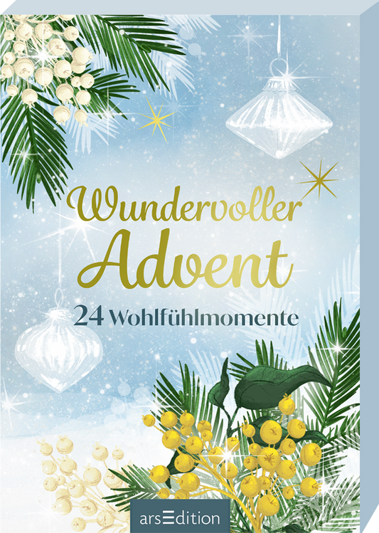 Das Buchcover zeigt eine winterliche, weihnachtliche Szene mit einer hellblauen Hintergrundfarbe, die an einen frostigen Himmel erinnert. Im Zentrum steht der Titel „Wundervoller Advent“ in eleganter, goldener Schrift, darunter die Unterzeile „24 Wohlfühlmomente“ in einer klaren, schwarzen Typografie. Dekorative Elemente wie Weihnachtskugeln, Sterne und grüne Pflanzendekorationen umrahmen den Titel und schaffen eine festliche Atmosphäre. Ganz unten mittig steht der Logoschriftzug von...