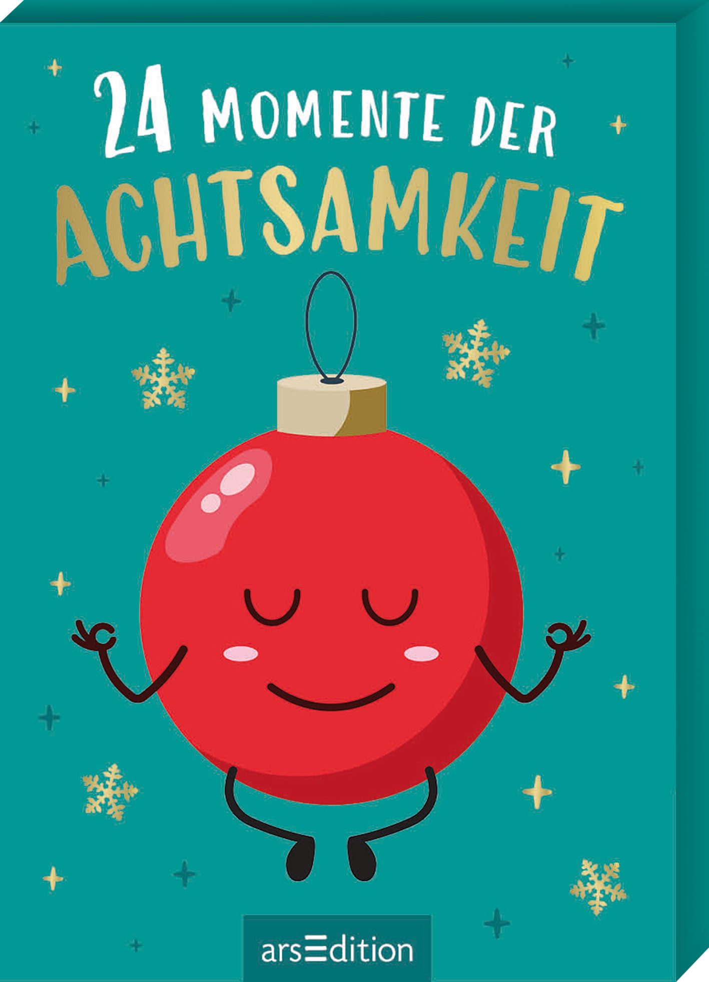 Auf dem Cover ist eine lächelnde, rote Weihnachtskugel abgebildet, die meditativ sitzt. Der Hintergrund ist in einem sanften Türkis gehalten und mit goldenen Schneeflocken dekoriert. Die Typografie des Titels ist groß und in weiß und schimmerndem Gold gefasst, dort steht „24 Momente der  Achtsamkeit“. Ganz unten mittig steht der Logoschriftzug von arsEdition.